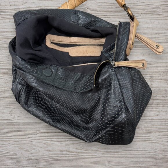 H by Halston Heritage Embossed Leather Pleated Hobo Shoulder Bag Black Tan Purse - Picture 7 of 16